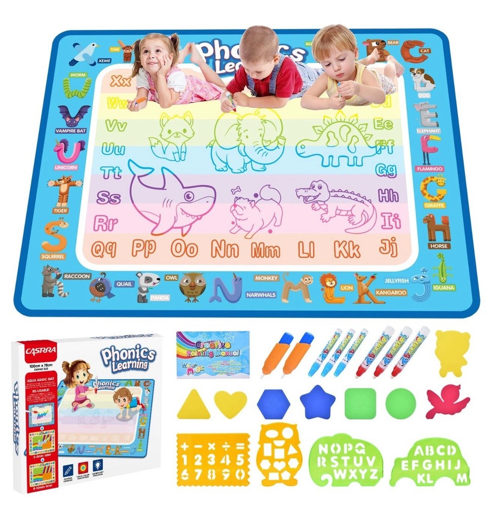 NEW Reusable Phonics Learning Magic Water Mat Set w Pens Shapes Stencils Age 3+