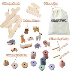 Wooden Animals Threading Toys Lacing Beads for Toddlers,Stacking Blocks Balan…
