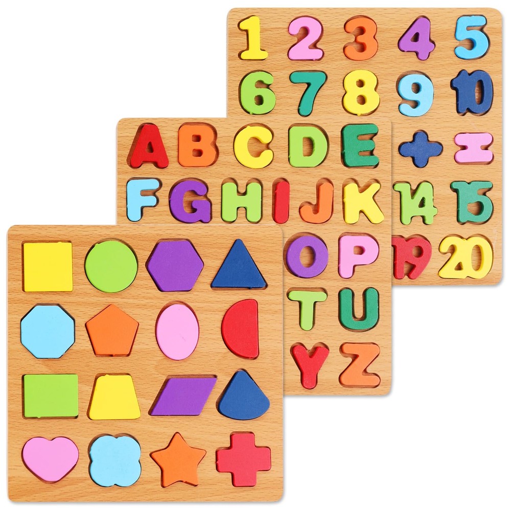 Wooden Puzzles Alphabet Number Shape Educational Pack of 3 ABC Ages 3-5