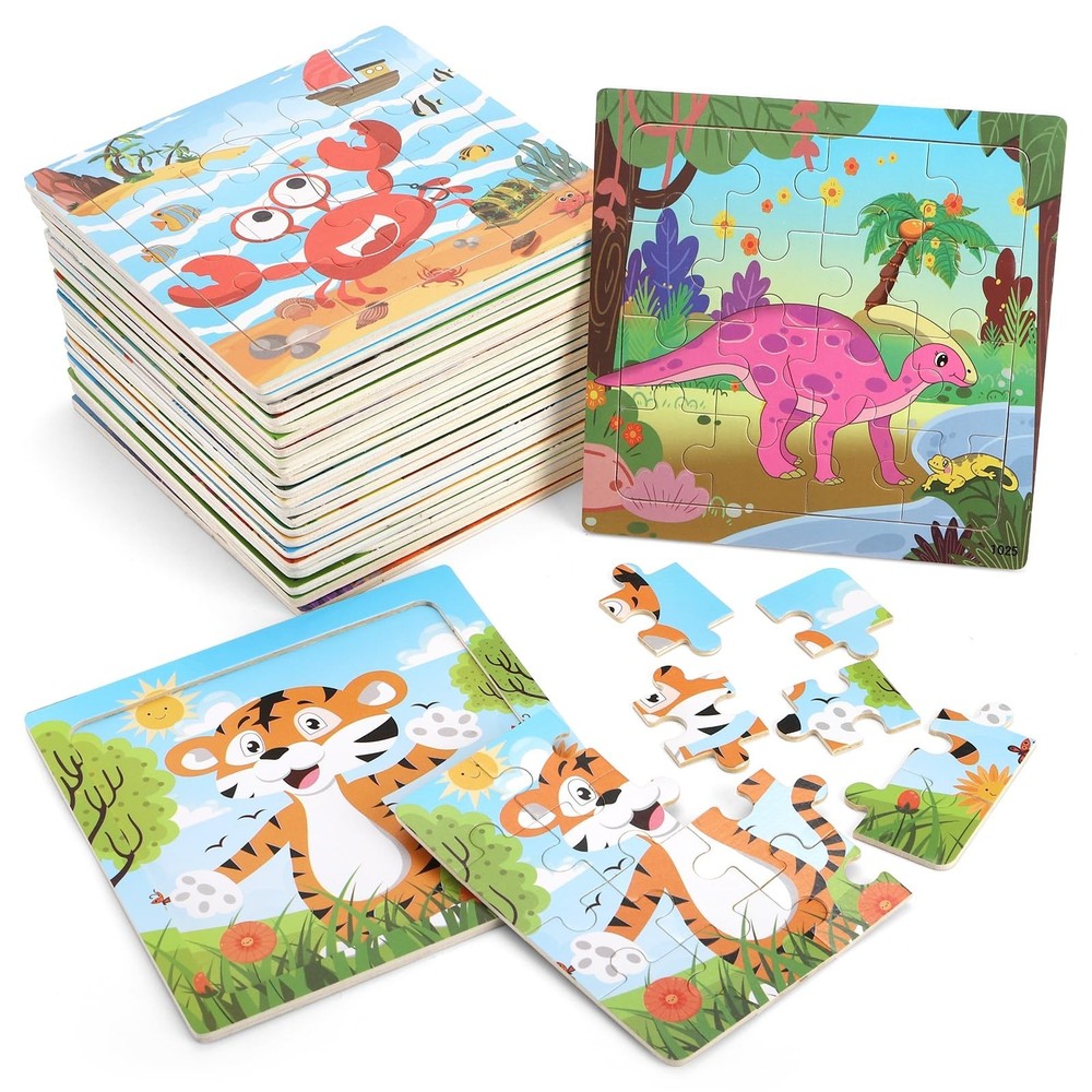 24 Pack Wooden Animal Puzzles for Kids 3-5, 16 Pieces Educational Jigsaw Toys