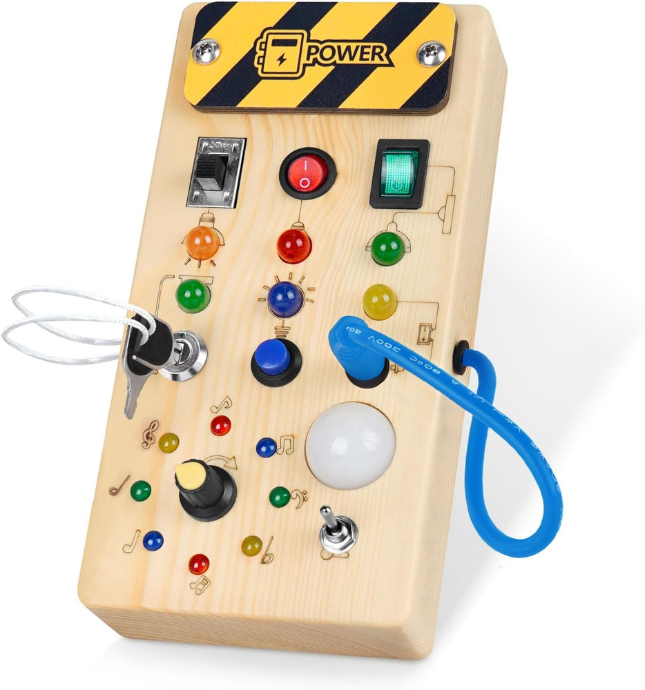 Montessori Wooden Busy Board with 8 LED Light Switches, Sensory Toys Light Switc