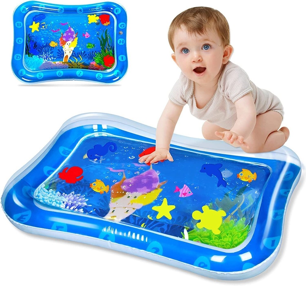 Blue Inflatable Baby Tummy Time Water Mat with Colorful Floating Toys