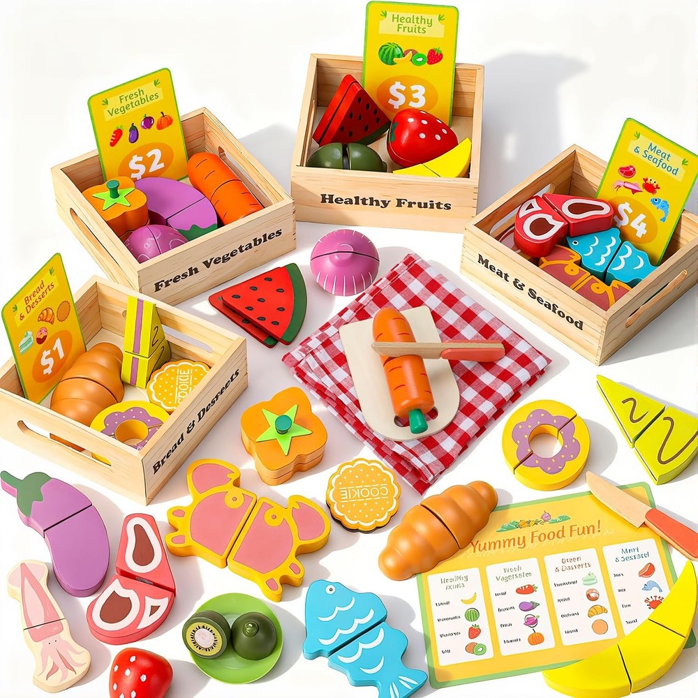 Wooden Play Food Set for Kids Kitchen – Pretend Cutting Toys with Fruits, Veg…