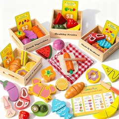 Wooden Play Food Set for Kids Kitchen – Pretend Cutting Toys with Fruits, Veg…
