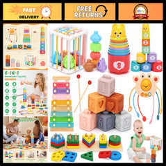 6-in-1 Montessori Baby Toys for Infants 6-18 Months – Teething, Stacking, Sensor