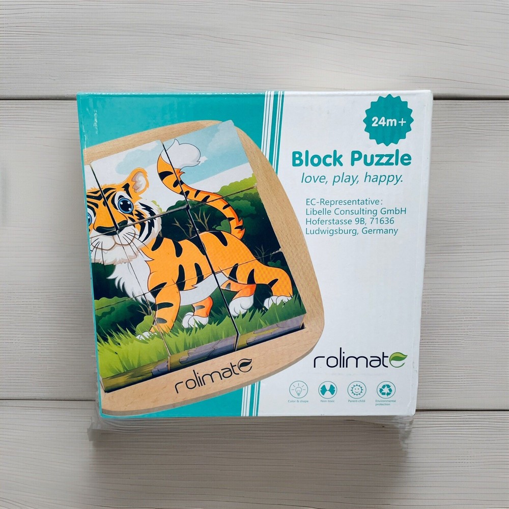 rolimate Cube Wooden Puzzle Toddlers Kids 9 Blocks, 6 puzzles Safari Animals New