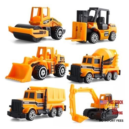 6 Pack Diecast Construction Vehicles Toys – Mini Digger Cake Toppers – Yellow