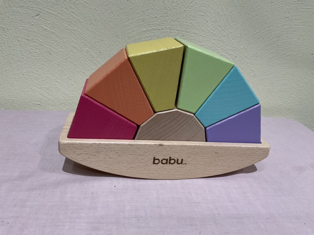MINDWARE BABU WOOD ROCKER RAINBOW PUZZLE/BALANCING BLOCK TOY, DEVELOPMENTAL!