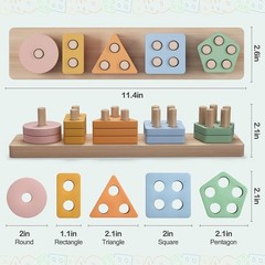 Montessori Wooden Sorting & Stacking Toys for Toddler, 20 Pcs, Colorful Shapes