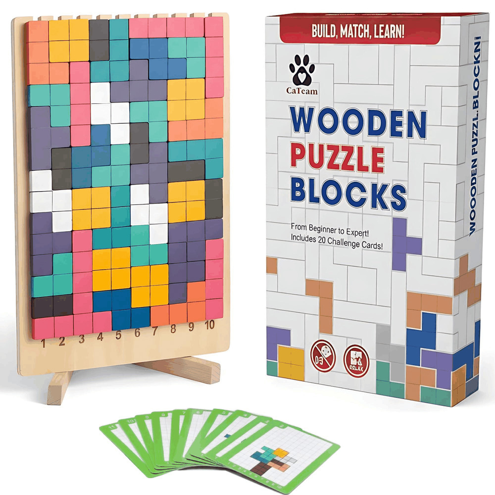 Wooden Puzzle Blocks Montessori Brain Blocks Stacki Style 10 Challenge Cards