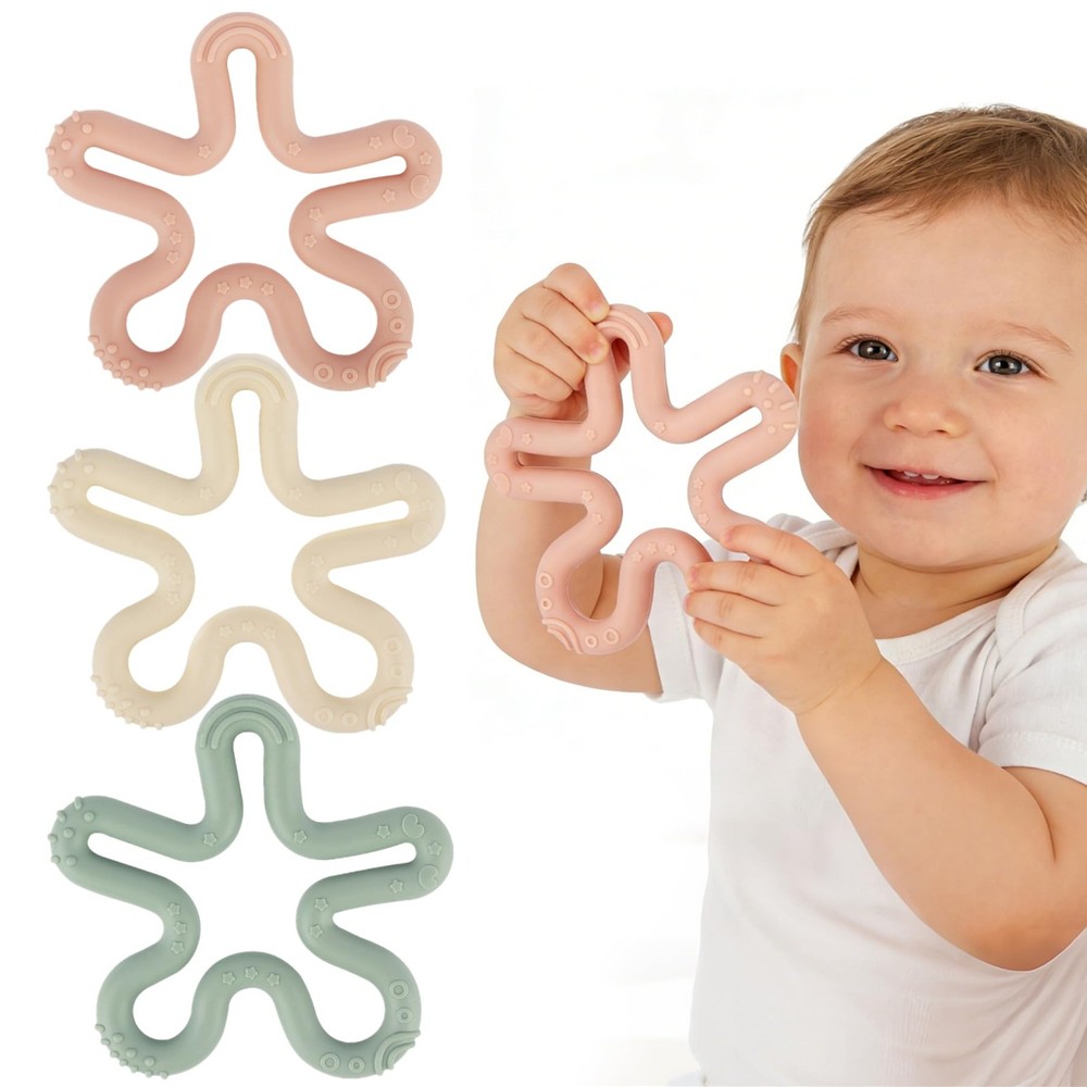 Fu Store 3 Pack Coral Flower Ring Teether Milk White, Dark Pink, Moody Blue