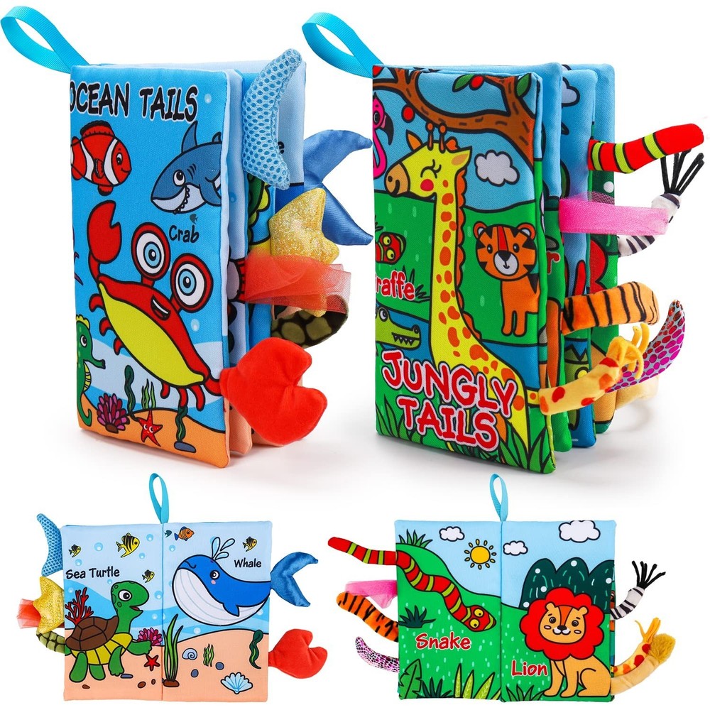 2PCS Baby Soft Books,Tummy Time High Contrast Sensory Crinkle Touch & Feel Toys