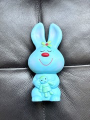 Vintage Soft Vinyl Baby Squeak Toy Blue Green Bunny Rabbit Babyking USA Easter
