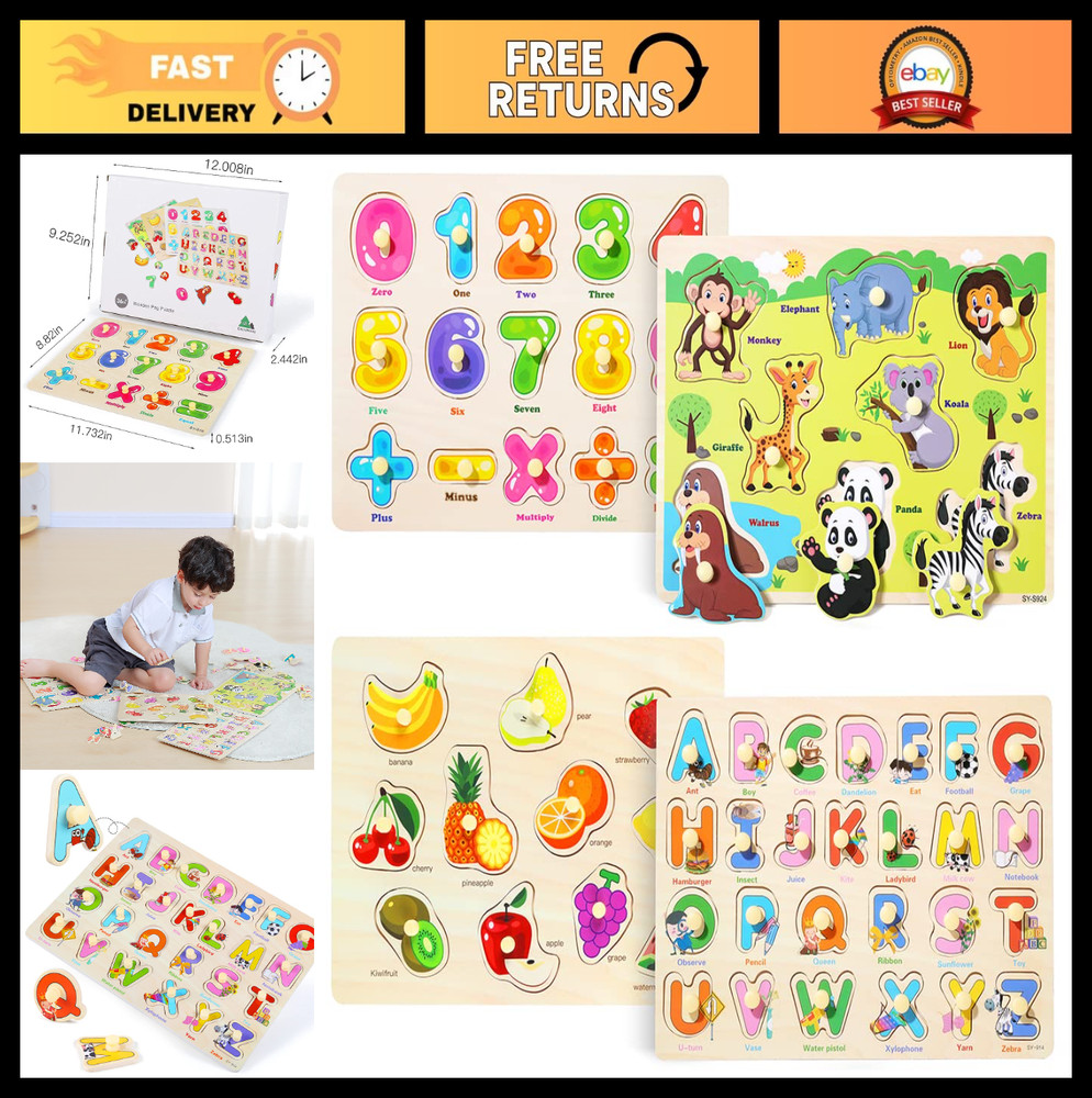 Wooden Peg Puzzle Set for Toddlers 3-5 Years – Montessori Learning Toys, Numbers
