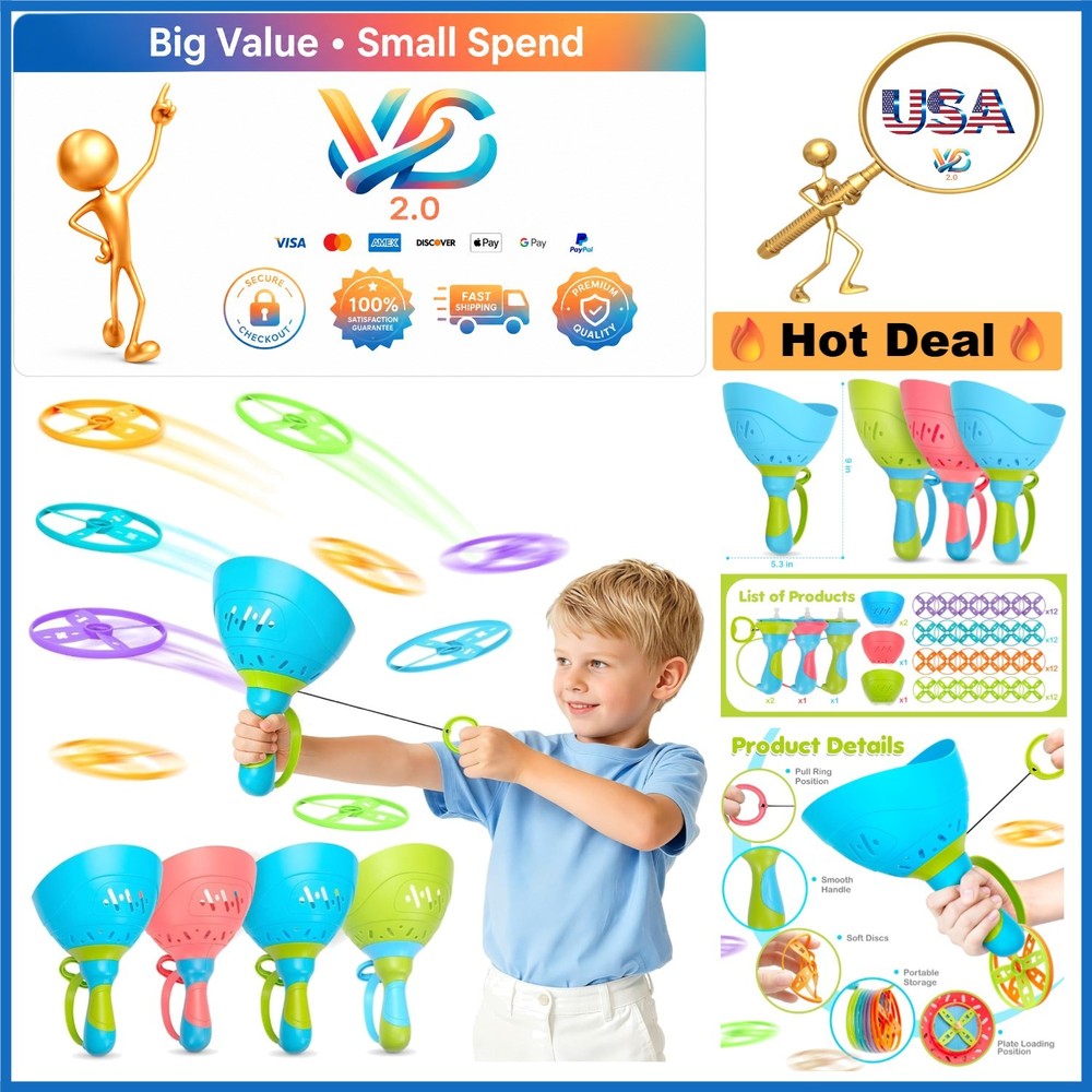 Outdoor Flying Disc Launcher 4 Pack Kids Ages 3-8 Family Games Safe Durable