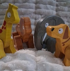 Lot Of 4 Wooden Posable Animals Safari Elephant Giraffe Ape And A Dog Awesome!