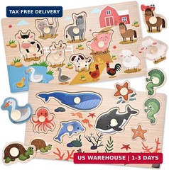 Wooden Peg Puzzles for Toddlers 1-3, 2 Pcs Montessori Puzzles, Animal & Sea Them