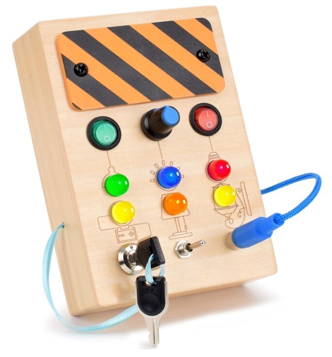 Montessori Wooden Busy Board Toy for Toddler with switches, buttons, LED lights