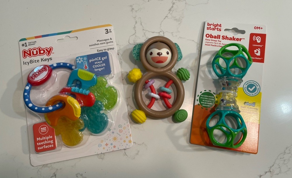 3 New Bright Stars Rattle Teether, Monkey Rattle Teether, Nuby IceBite Keys Gums
