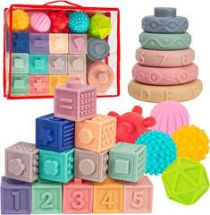 3 in 1 Montessori Toys for Babies 0-3-6-12 Months, Soft Baby Teething, Stacking