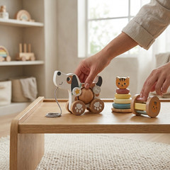 Wooden Dog Pull Along Toy Cat Stacking Rings Baby Toddler Learning Toy Set