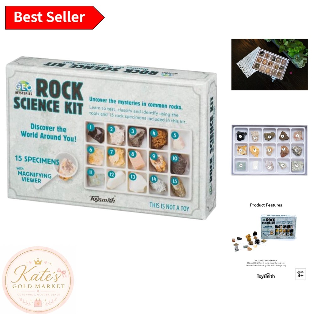 Engaging STEM Rock Science Kit – 15 Specimens, Viewer & Identification Guide