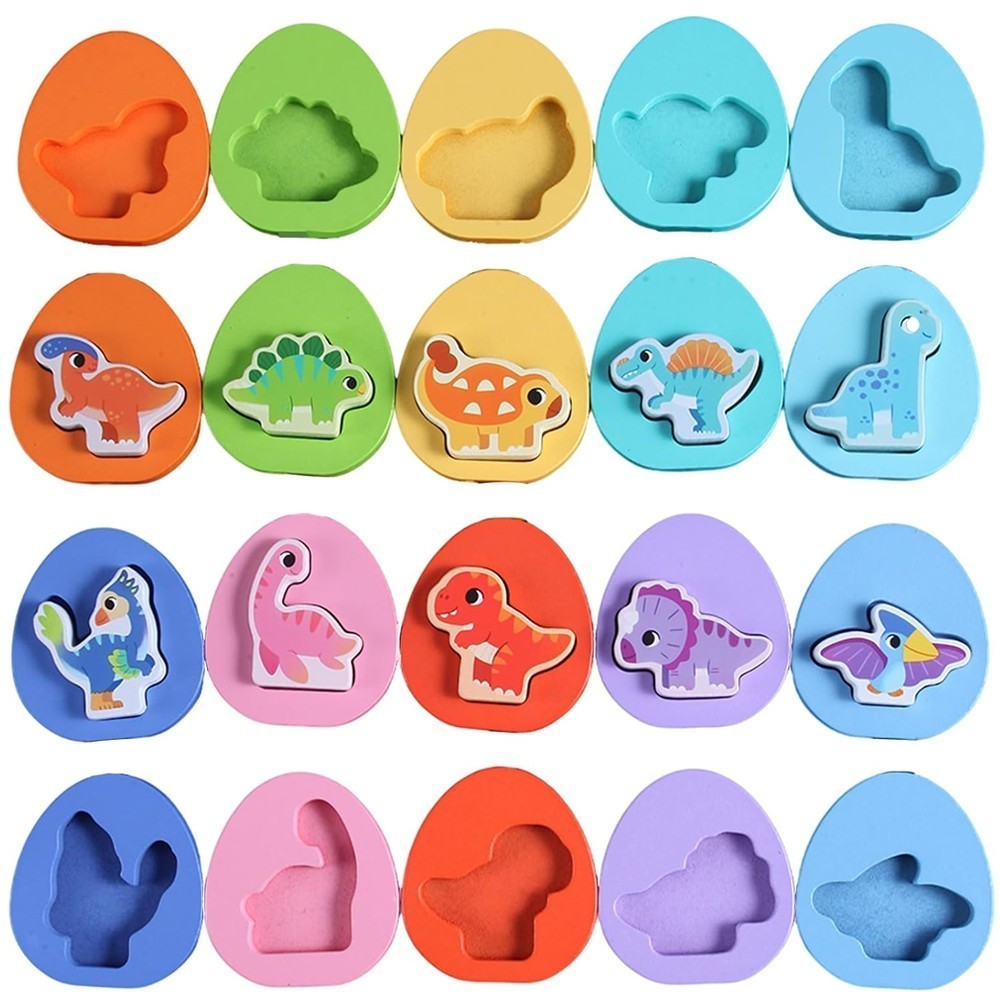 10 Pcs Wooden Puzzles for Kids Ages 1-3, Colored Dinosaur and Egg Pairing Toys`