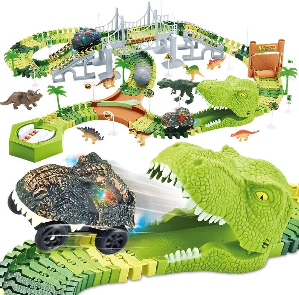 174pcs Dinosaur Track Race Car Toy for Kids,Road w/ Train Track Playset Figures