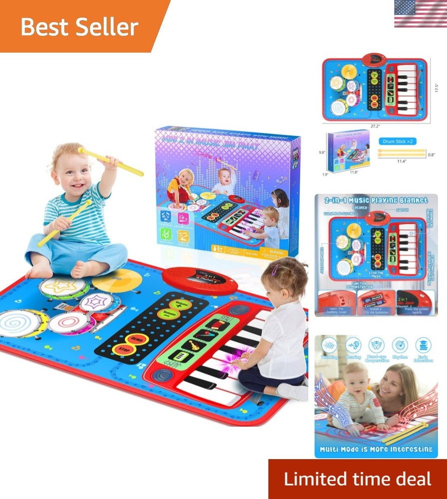 2-in-1 Blue Musical Mat with Piano & Drum Set for Kids 1-5 – Fun Learning!