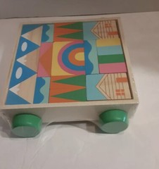 NEW Learn & Play Wooden Building Blocks Colorful 18 count/ Pull Toy on Wheels
