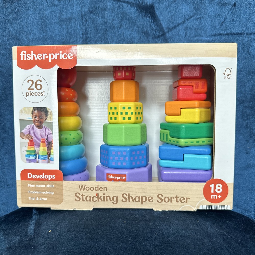 New Fisher Price Mattel Wooden Stacking Shape Sorter 26 Pieces 18 m +