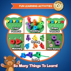 Jumbo Stacking Shapes Pegboard Set for with 18 Pegs, 2 Wooden Dice, Lacing St…