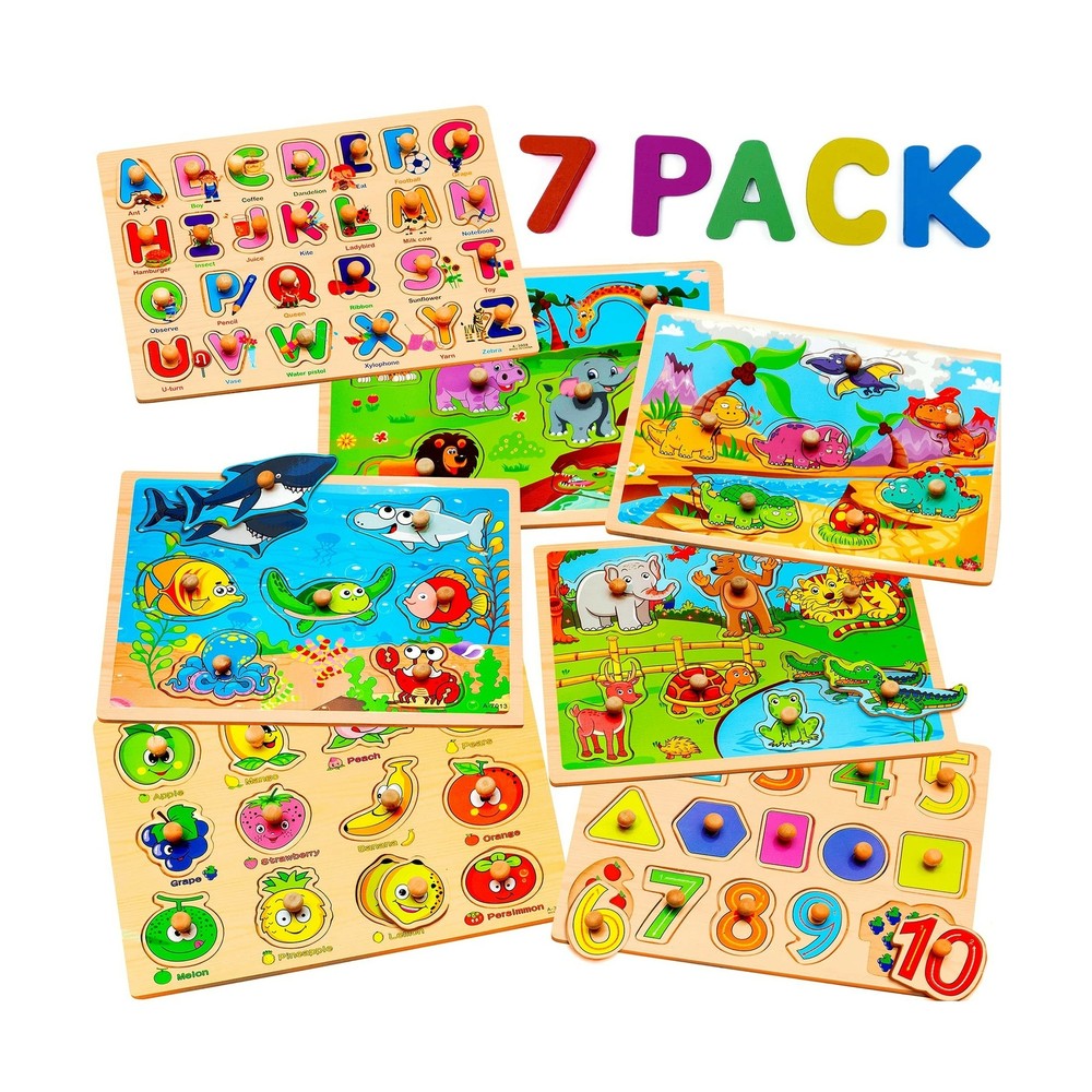 7 Pack Wooden Puzzles for Toddlers 2 3 4 5 Years Old – 7 Colorful Chunky Wood…
