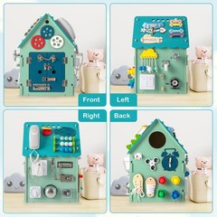Wooden Busy House Montessori Toy w/ Sensory Games & Interior Storage Space