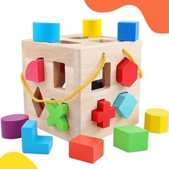 Wooden Shape Sorter Toy with 19 Blocks Natural Solid Wood for Toddlers 2-4