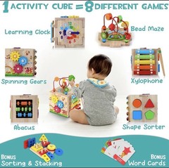 8-in-1 Wooden Activity Cube Bead Maze Xylophone Abacus Shape Sorter Clock