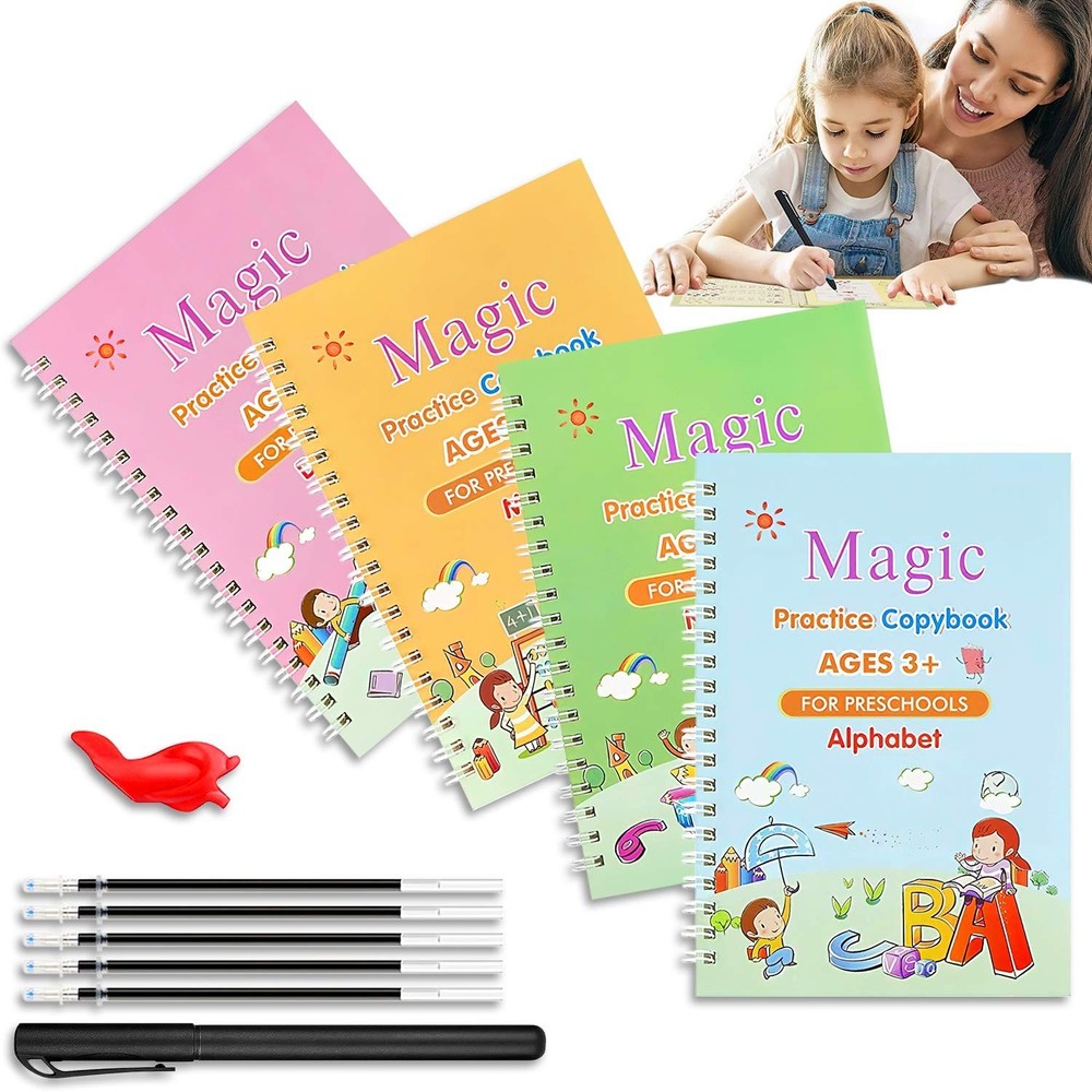 4 PC Reusable Grooved Writing Books for Kids, Magic Copy Books,Reusable Handl