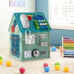 Wooden Busy House Montessori Toy w/ Sensory Games & Interior Storage Space
