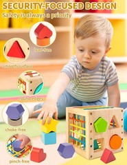 Montessori Toy for Toddlers, Shape Sorter for Babies, Wooden Shape Sorting Cube
