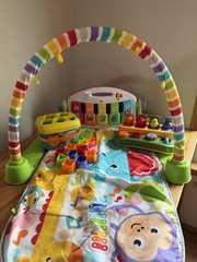 Bundle Of 3 Fisher Price Toys – Piano Playmat, Pop Up Fruit, and Shape Sorting