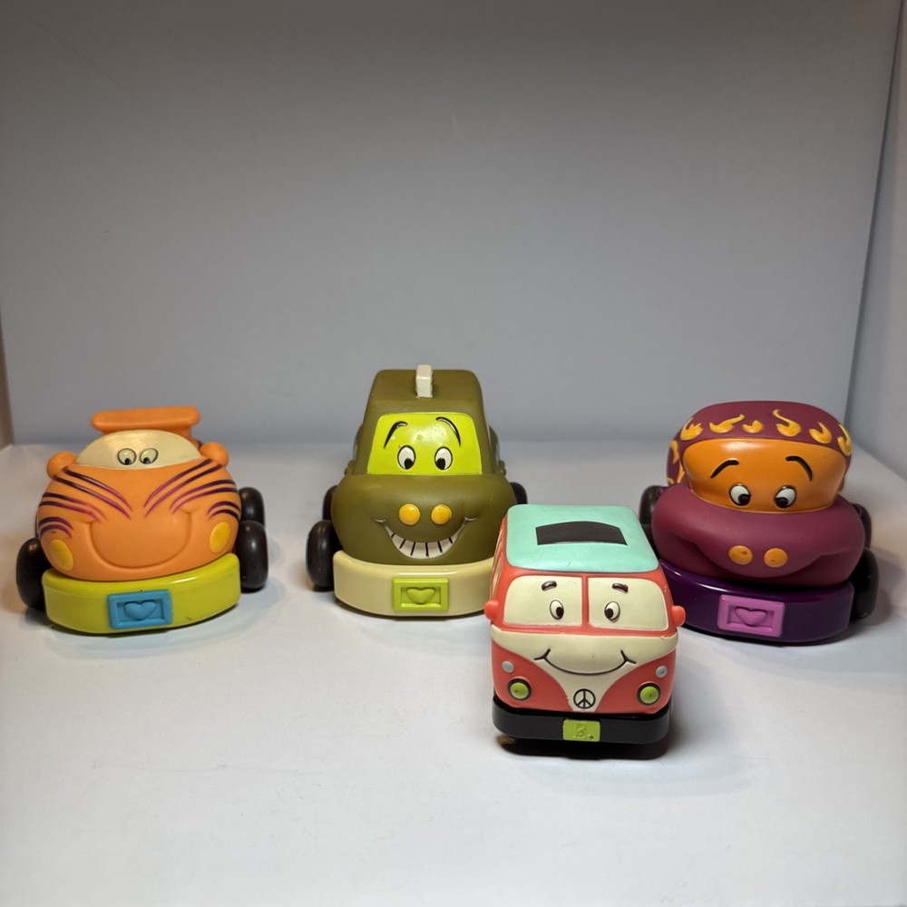 Lot 4 B. Toys Wheeee-ls! PULL BACK CARS TRUCK VAN Soft Plastic Chunky Vehicles