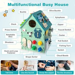Wooden Busy House Montessori Toy w/ Sensory Games & Interior Storage Space
