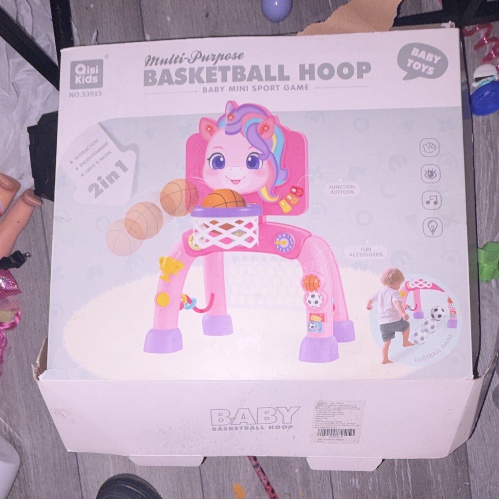 Qisi Kids 2-in-1 Mini Basketball Hoop Multi-Sport Game Unicorn Pink NO.3915