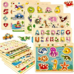 Wooden Peg Puzzles for Toddlers 2-4, 6 Pack Educational Peg Puzzles Montessori