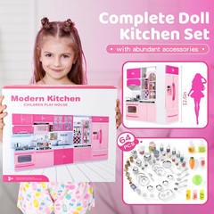 64 PCS Pink Kitchen Toy with Lights Sounds for 3 4 5 6 7 Year Old | Mini Kitchen