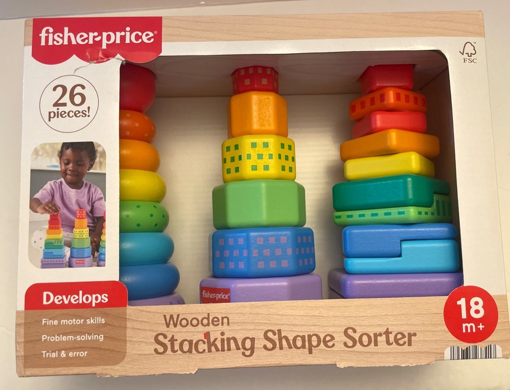 ***Fisher Price*** Mattel Wooden Stacking Shape Sorter 26 Pieces 18 m+ Learning