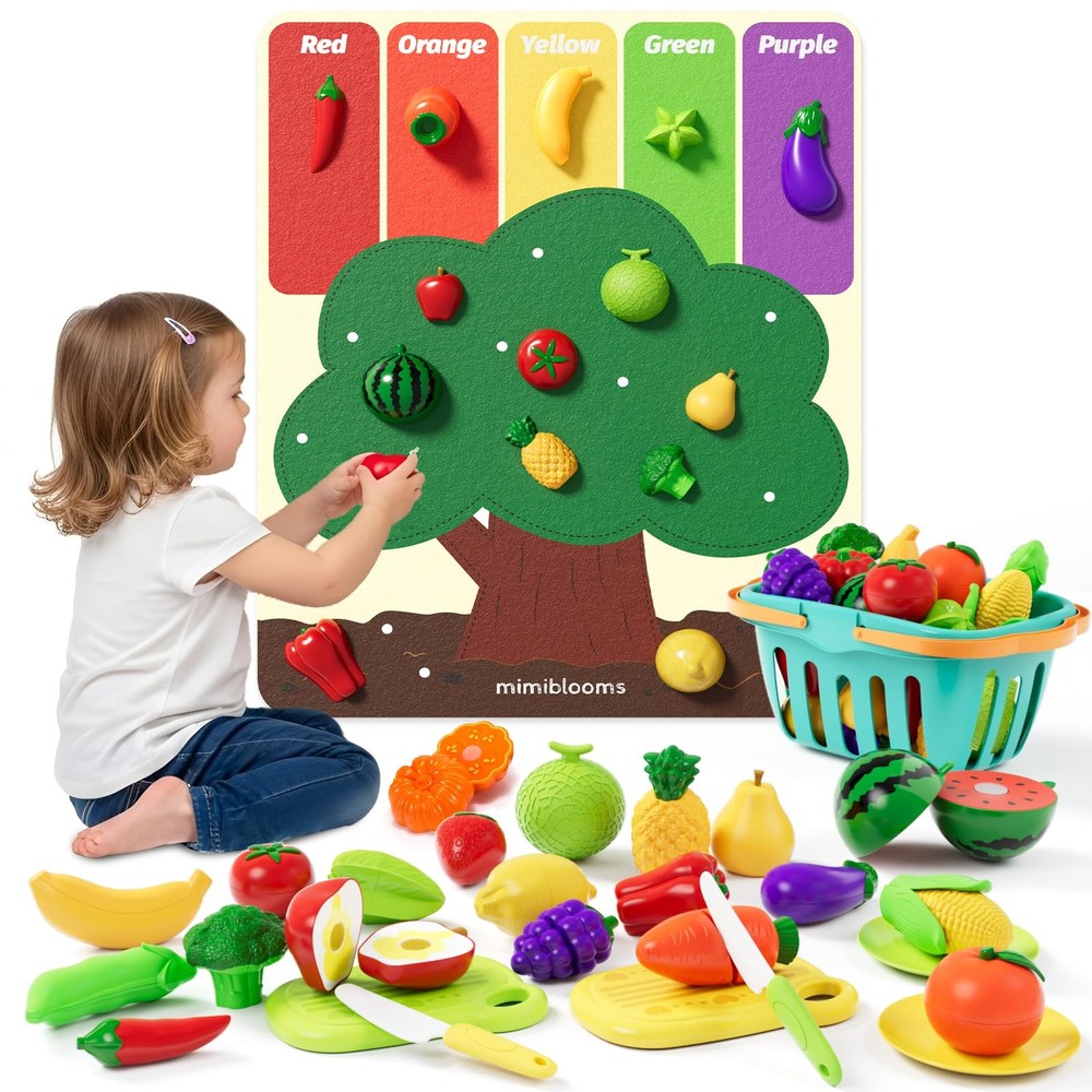 Play Food Set with Cutting Fruits&Felt Tree Mat, Pretend Food Play Kitchen Ac…