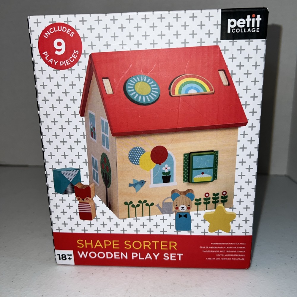 Petit Collage Shape Sorter Wooden Play Set House 9 Pcs 18M+ Toddler Pretend Play