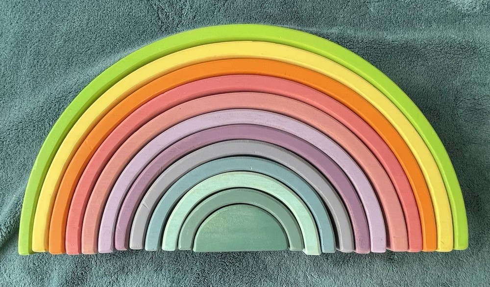 AWESOME 12 PC WOODEN PASTEL RAINBOW STACKER TOY! STACKING! COLORS