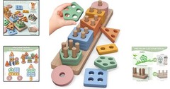 Montessori Wooden Sorting & Stacking Toys for Toddler, 20 Pcs, Colorful Shapes
